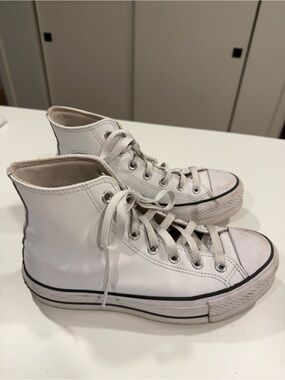 Converse White Leather Platform High Tops Size 7